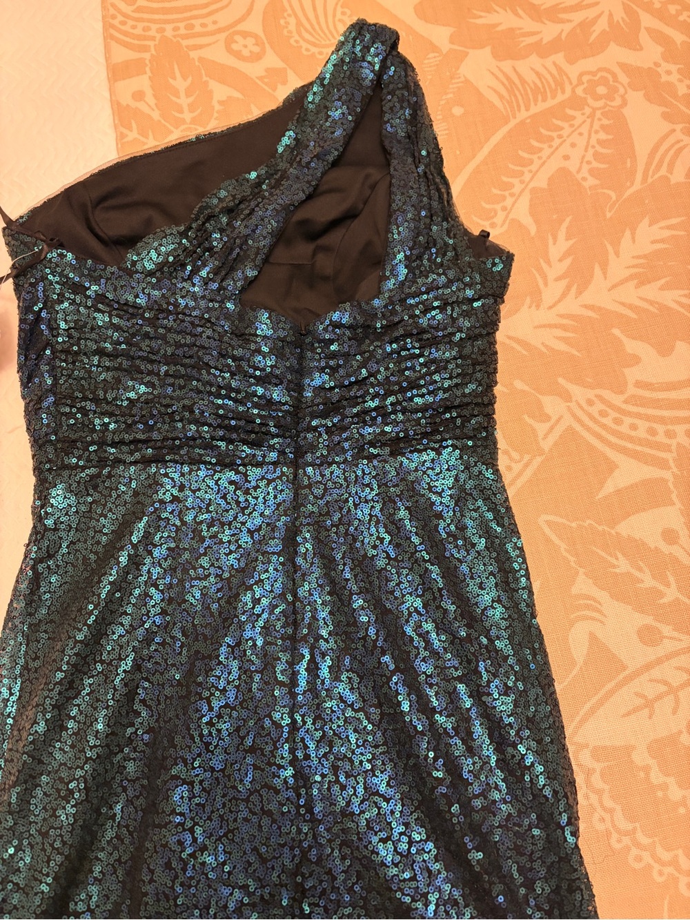 Formal gown Rene Ruiz One-Shoulder Sequin Dress in Teal, blue and Black